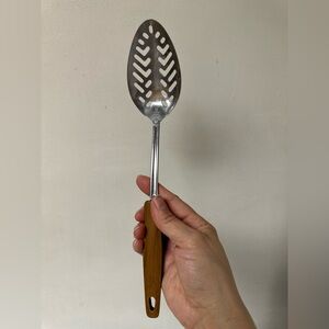 Vintage EKCO USA Slotted Spoon Stainless Steel 2-Tone Wood Black Handle MCM